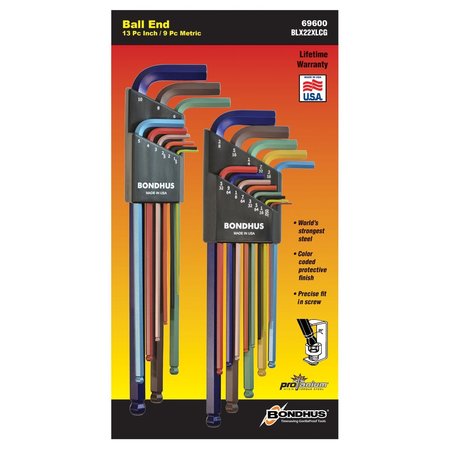 BONDHUS Colorguard L Wrench In/Mm, 22Pc BND69600